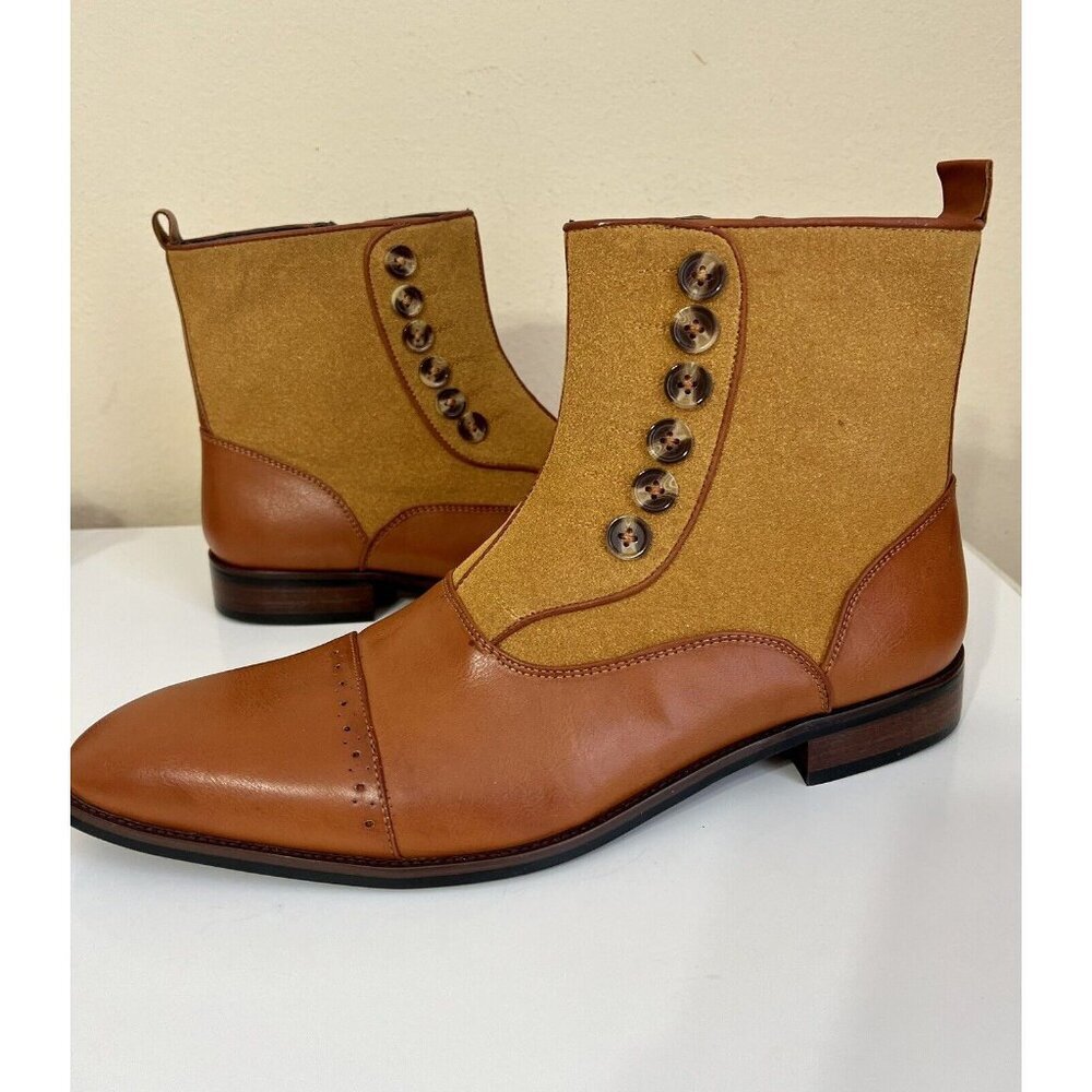 Mens 12 Two Tone Leather Button Boots 1920s Style zip Leather Suede Natbee